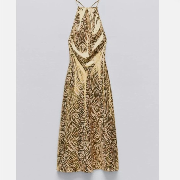 ZARA  FOIL ANIMAL PRINT MIDI HALTER OPEN BACK GOLD DRESS - Picture 8 of 16
